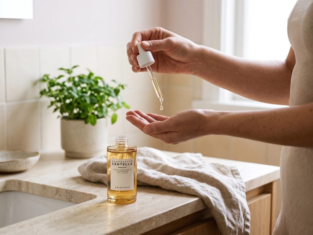 Skincare Coreano: 5 Produtos Queridinhos Para Montar Sua Rotina Mãos aplicando sérum de centella, passo da rotina de skincare coreano