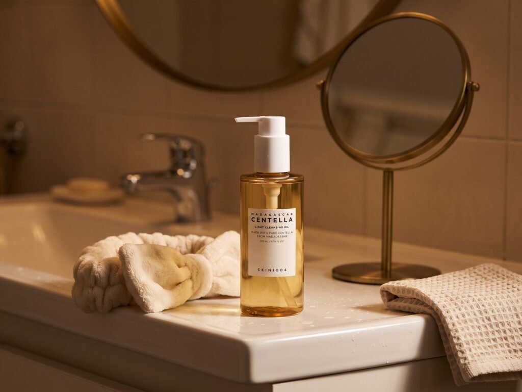 Skincare Coreano: 5 Produtos Queridinhos Para Montar Sua Rotina Óleo de limpeza SKIN1004 Centella na pia do banheiro
