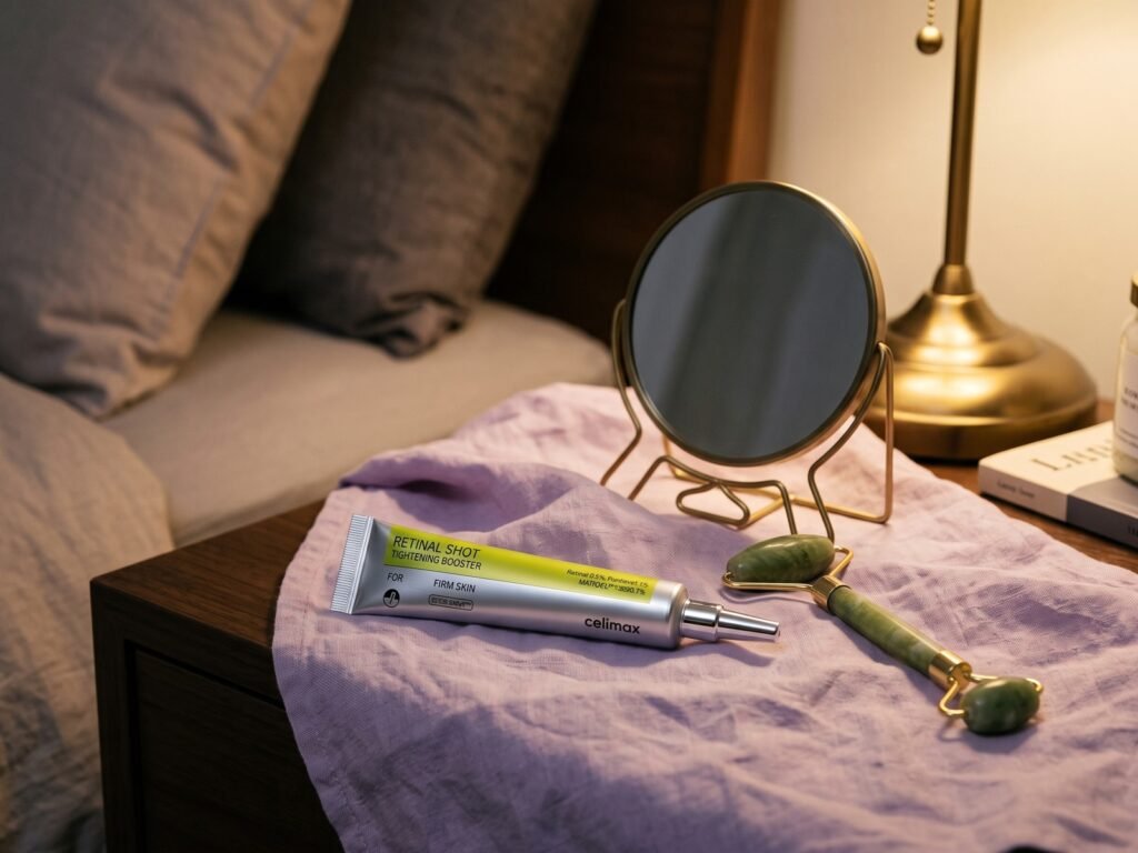 Skincare Coreano: 5 Produtos Queridinhos Para Montar Sua Rotina Celimax Retinal Shot, sérum coreano de retinal, na mesa de cabeceira