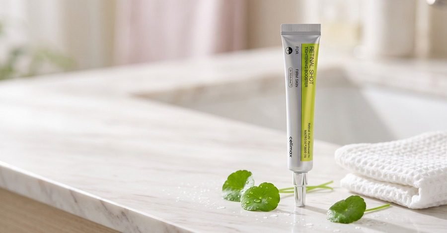 Skincare coreano: sérum de retinal Celimax na bancada do banheiro