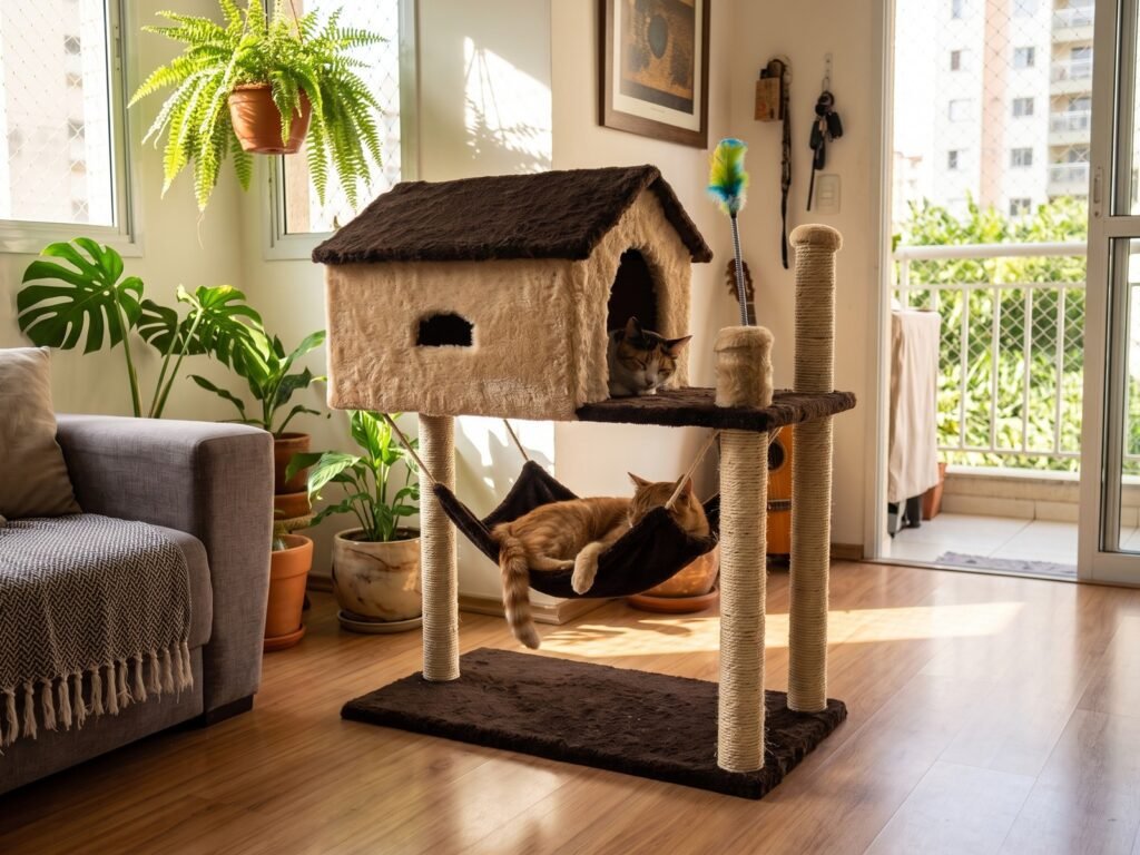 Produtos para gatos: 5 achados que transformam a sua casa Arranhador Playground com Casinha e Rede